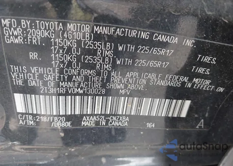 2021 Toyota Rav4 Le из США, поврежденный, VIN 2T3H1RFV0MW130028